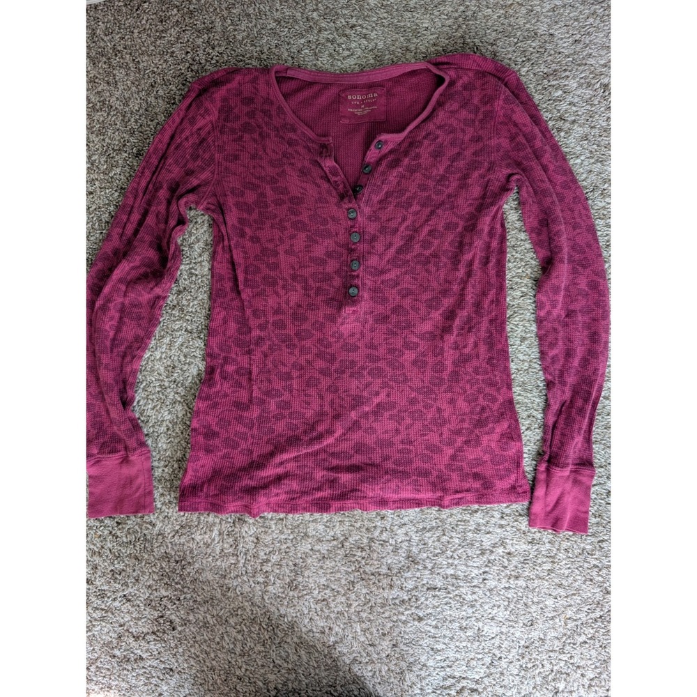 Y2K Henley Top Womens M Burgundy Good Leopard Print Waffle Knit Thermal